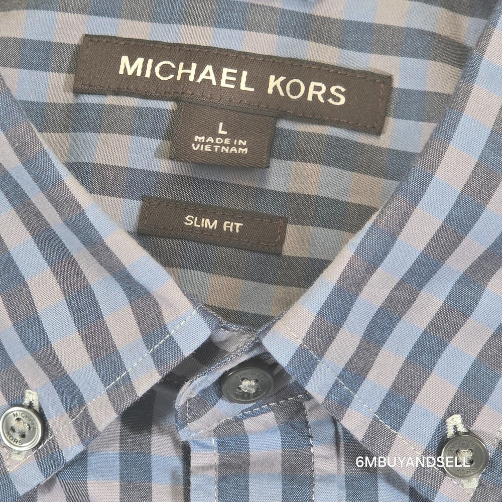 Michael Kors Mens Slim Fit Gingham Button Down Shirt Blue Grey CS04CK87VC Large - Picture 2 of 12